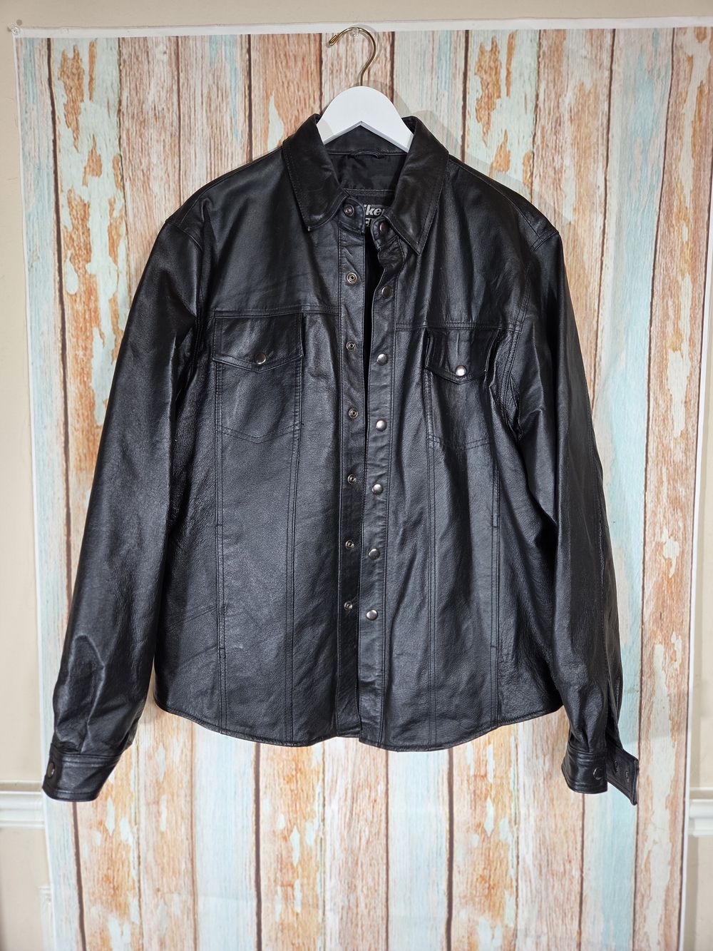 Bikers Club Classic Black Leather Button-Front Men’s Jacket. Size Large